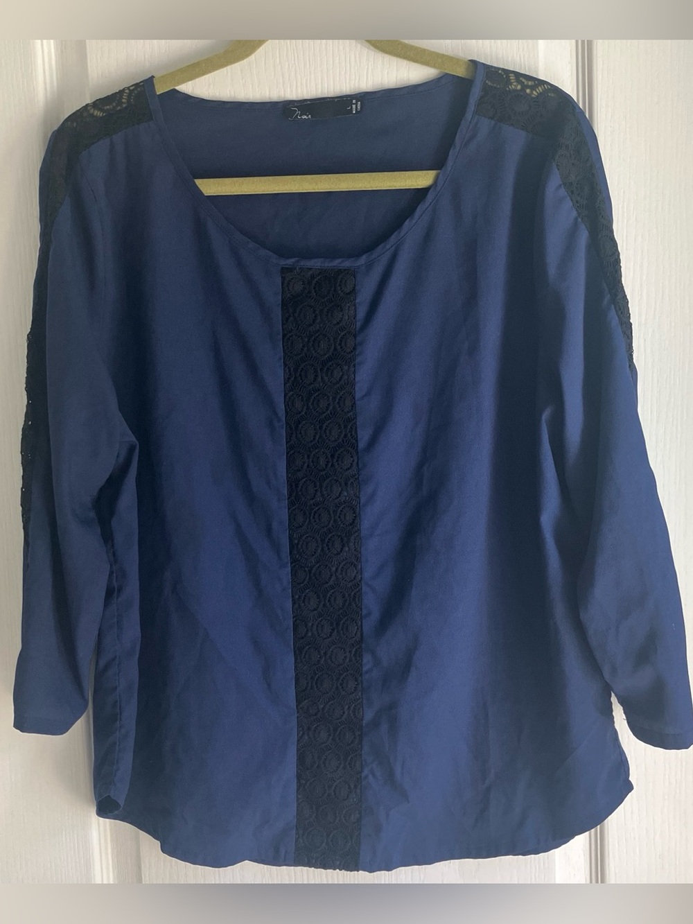 Noir navy blue blouse with black lace trim L
